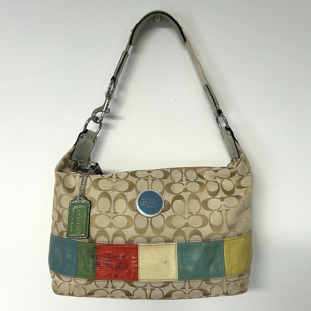 Vtg Y2k Coach Gallery Signature C Stripe Hobo Bag Patchwork F17428 Beige